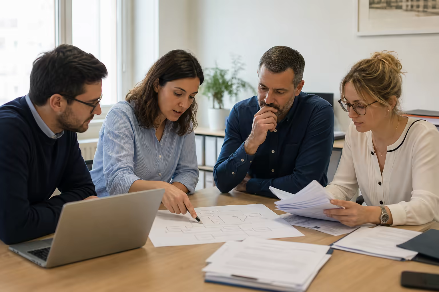 Une équipe comptable cartographie un flux de factures autour d’un ordinateur et de documents de travail