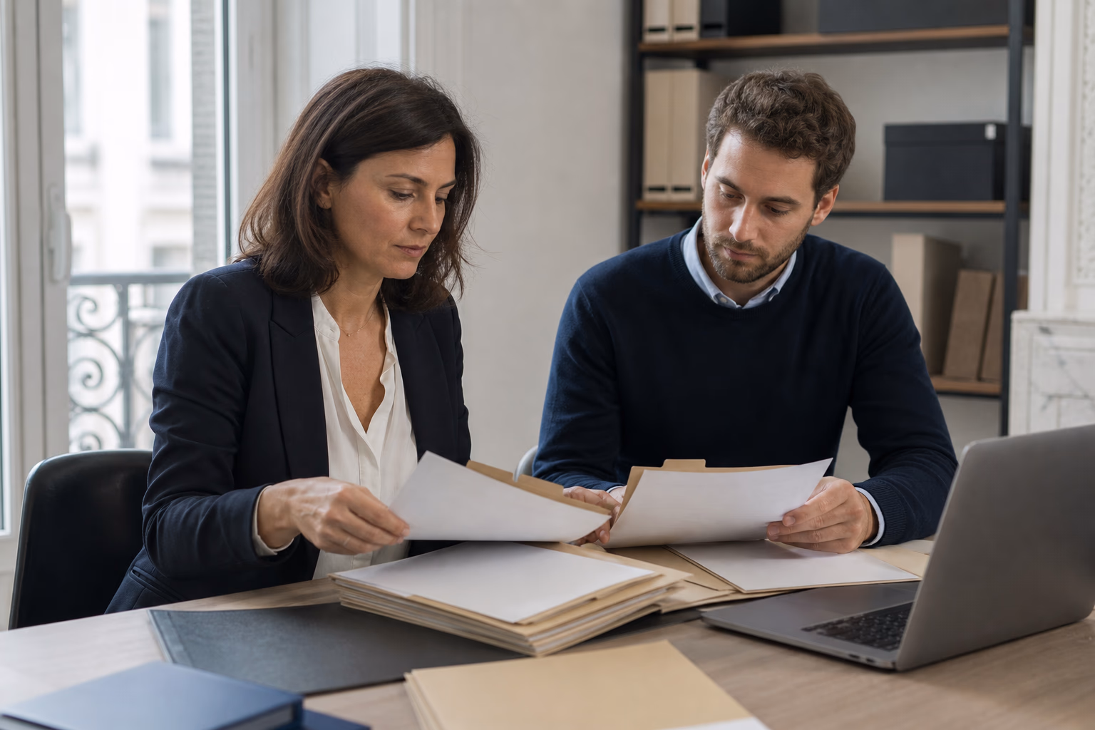 Une avocate et un collaborateur classent des pièces papier avant de cadrer un usage de l’IA