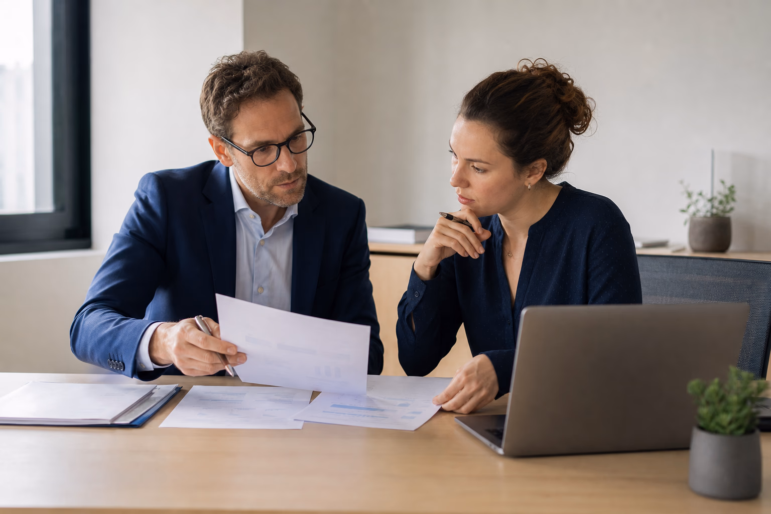 Un expert-comptable et une collaboratrice examinent des documents sans données lisibles avant un usage de l’IA